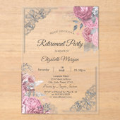 Chic Roses Flowers Silver Frame Retirement Acryl Uitnodigingen (Voorkant)