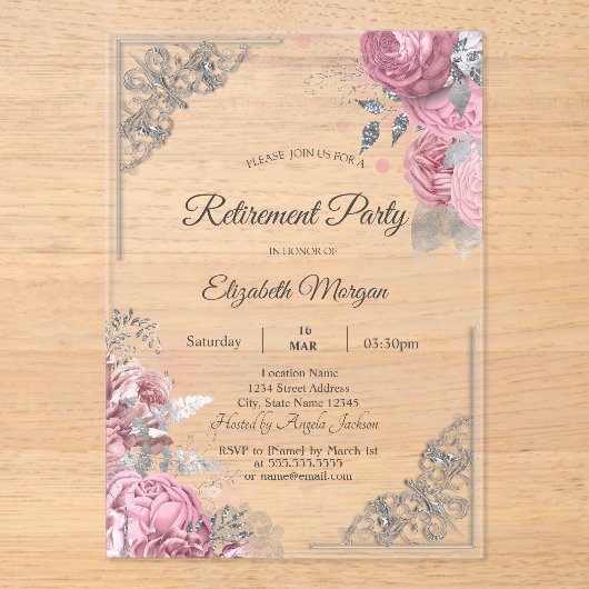 Chic Roses Flowers Silver Frame Retirement    Acryl Uitnodigingen (Voorkant)