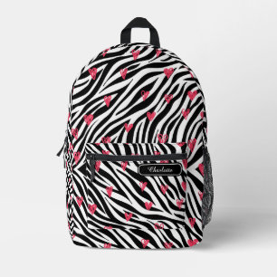 Chic Rouge Rode Harten Zwart en Wit Zebraprint Bedrukte Rugzak