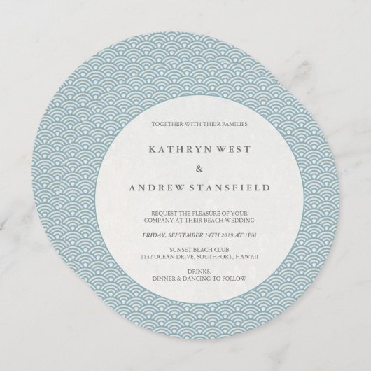 Chic Round Blue Waves Pattern Weddenschap Kaart (Voorkant / Achterkant)