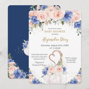 Chic Royal Blue Blush Floral Pumpkin Baby shower Kaart