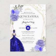 Chic Royal Blue Floral Geometric Quinceañera Invit