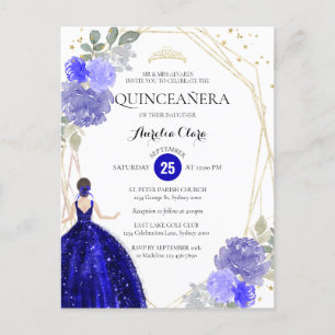 Chic Royal Blue Floral Geometric Quinceañera Invit Briefkaart