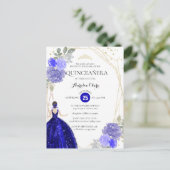 Chic Royal Blue Floral Geometric Quinceañera Invit Briefkaart (Staand voorkant)