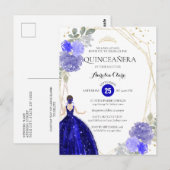 Chic Royal Blue Floral Geometric Quinceañera Invit Briefkaart (Voorkant / Achterkant)