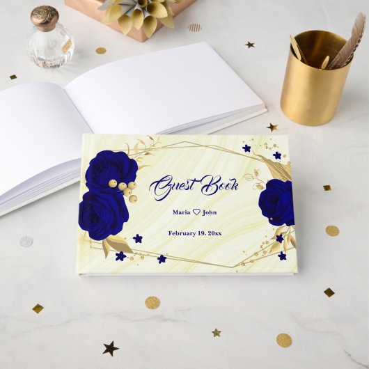 chic royal blue floral gold leaves geometrisch gastenboek (Voorkant open)
