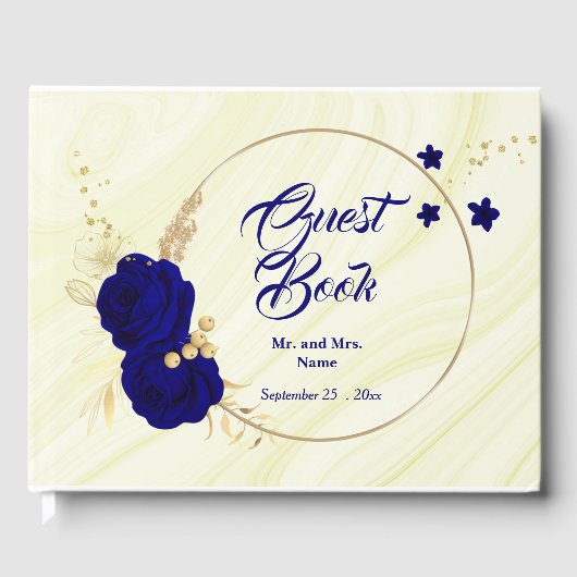chic royal blue floral gold leaves wreater gastenboek (Voorkant)