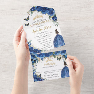 Chic Royal Blue Floral Gold Quinceanera Princess All In One Uitnodiging