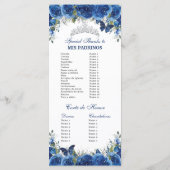 Chic Royal Blue Floral Quinceañera Evenementenorde Programmakaart (Achterkant)