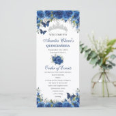 Chic Royal Blue Floral Quinceañera Evenementenorde Programmakaart (Staand voorkant)