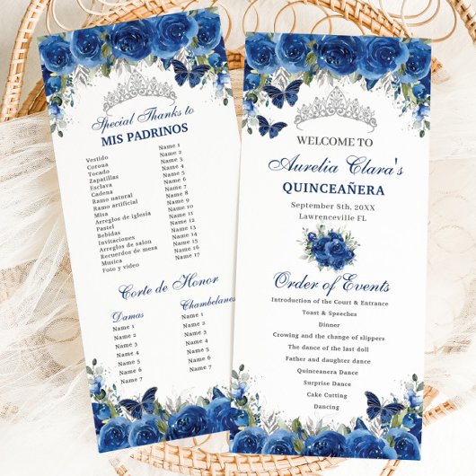 Chic Royal Blue Floral Quinceañera Evenementenorde Programmakaart