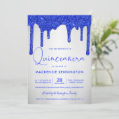 Chic Royal Blue Glitter Drift Silver Quinceañera Kaart (Staand voorkant)