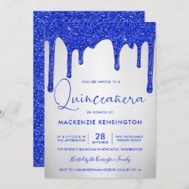 Chic Royal Blue Glitter Drift Silver Quinceañera Kaart