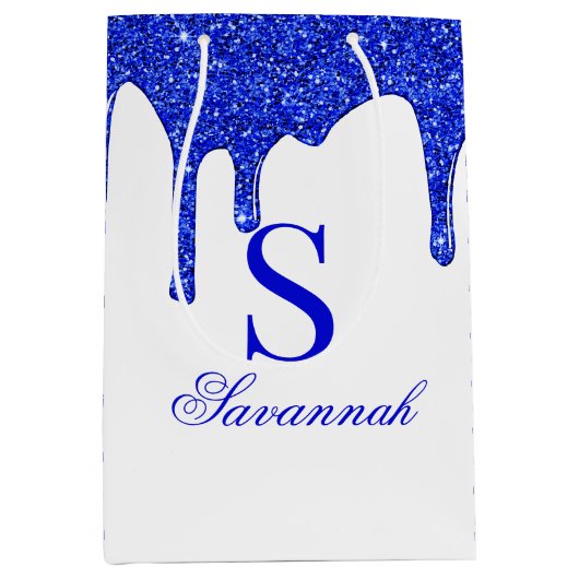 Chic Royal Blue Glitter Drift Sparkle Monogram Medium Cadeauzakje (Voorkant)