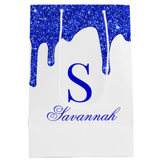 Chic Royal Blue Glitter Drift Sparkle Monogram Medium Cadeauzakje (Achterkant)