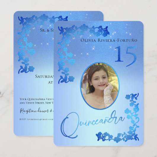 Chic Royal Blue Glitter Floral Foto Quinceanera Kaart (Voorkant / Achterkant)