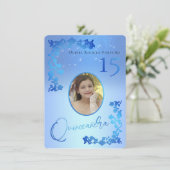 Chic Royal Blue Glitter Floral Foto Quinceanera Kaart (Staand voorkant)