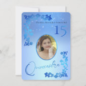 Chic Royal Blue Glitter Floral Foto Quinceanera Kaart (Voorkant)