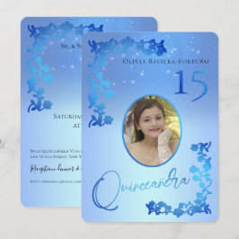 Chic Royal Blue Glitter Floral Foto Quinceanera Kaart