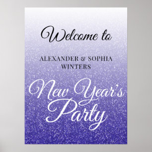 Chic Royal Blue Glitter New Years Party Welkom Poster
