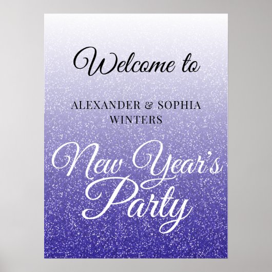 Chic Royal Blue Glitter New Years Party Welkom Poster (Voorkant)