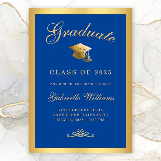 Chic Royal Blue Gold Frame Script Graduation Aankondiging