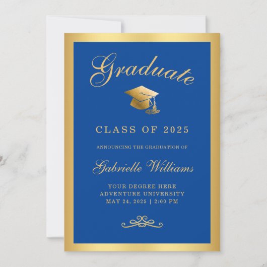 Chic Royal Blue Gold Frame Script Graduation Aankondiging (Voorkant)