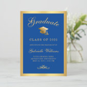 Chic Royal Blue Gold Frame Script Graduation Aankondiging (Staand voorkant)