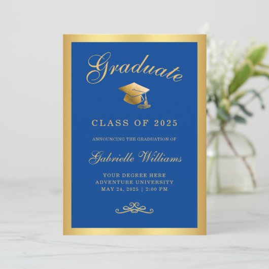 Chic Royal Blue Gold Frame Script Graduation Aankondiging (Staand voorkant)