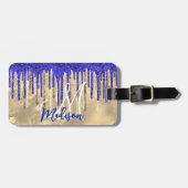 Chic royal blue gold glitter druppelt monogram bagagelabel (Voorkant horizontaal)