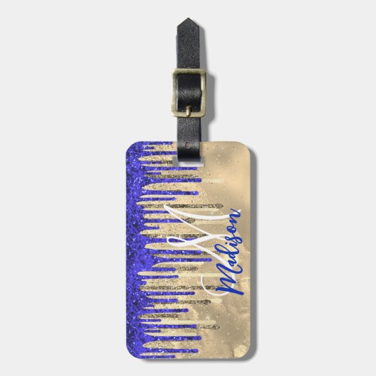 Chic royal blue gold glitter druppelt monogram bagagelabel (Voorkant verticaal)
