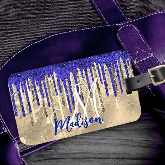 Chic royal blue gold glitter druppelt monogram bagagelabel