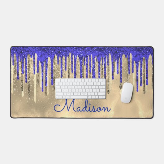 Chic royal blue gold glitter druppelt monogram bureaumat (Keyboard & Muis)