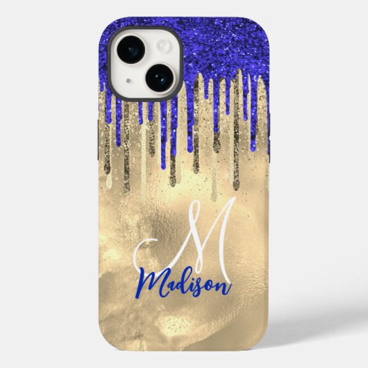 Chic royal blue gold glitter druppelt monogram Case-Mate iPhone case (Achterkant)