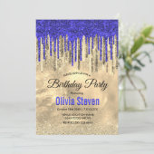 Chic royal blue gold glitter druppelt monogram kaart (Staand voorkant)