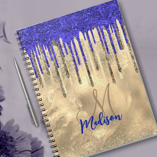 Chic royal blue gold glitter druppelt monogram notitieboek