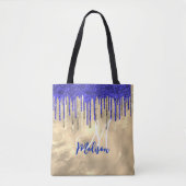 Chic royal blue gold glitter druppelt monogram tote bag (Voorkant)