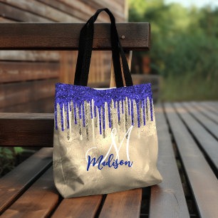 Chic royal blue gold glitter druppelt monogram tote bag