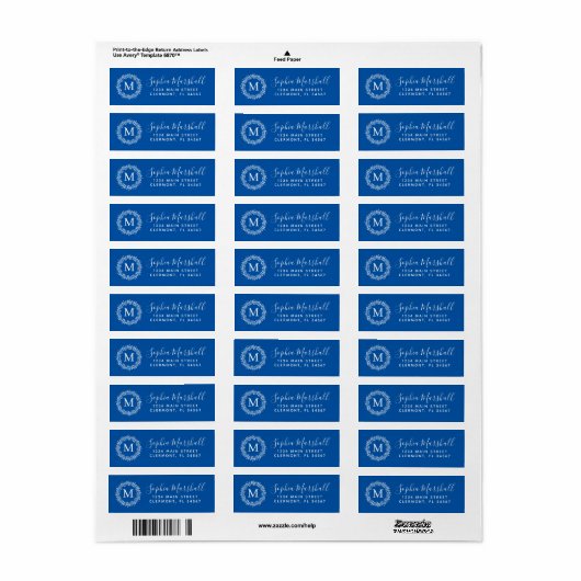 Chic Royal Blue Monogram Return Address Label (Full Sheet)