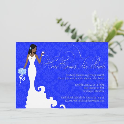 Chic Royal Blue Silver Damask Hier komt de Bride Kaart (Staand voorkant)