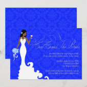 Chic Royal Blue Silver Damask Hier komt de Bride Kaart (Voorkant / Achterkant)