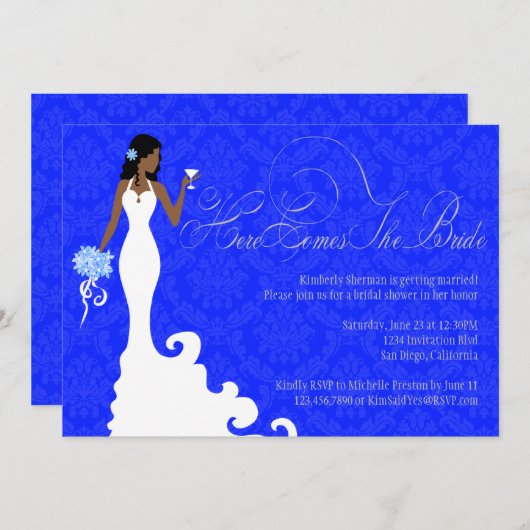 Chic Royal Blue Silver Damask Hier komt de Bride Kaart (Voorkant / Achterkant)