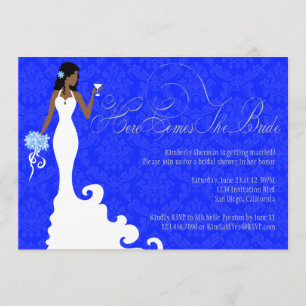 Chic Royal Blue Silver Damask Hier komt de Bride Kaart