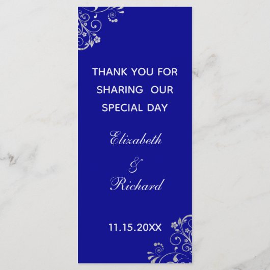 Chic Royal Blue Silver Swirl Wedding Menu (Achterkant)