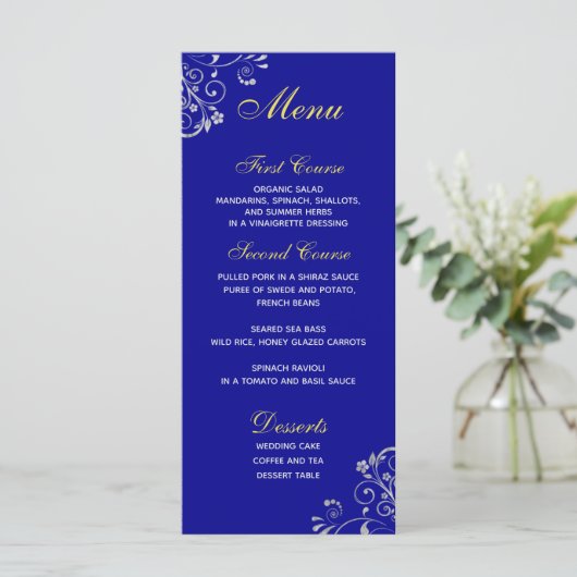 Chic Royal Blue Silver Swirl Wedding Menu (Staand voorkant)