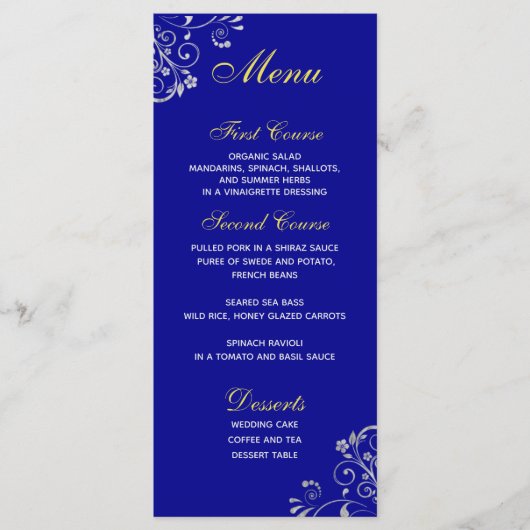 Chic Royal Blue Silver Swirl Wedding Menu (Voorkant)