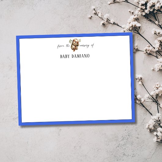 Chic Royal Blue Sloth Nursery Note Card Kaart