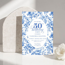 Chic Royal Blue Toile de Jouy 50th Birthday Invite Kaart