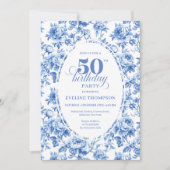 Chic Royal Blue Toile de Jouy 50th Birthday Invite Kaart (Voorkant)