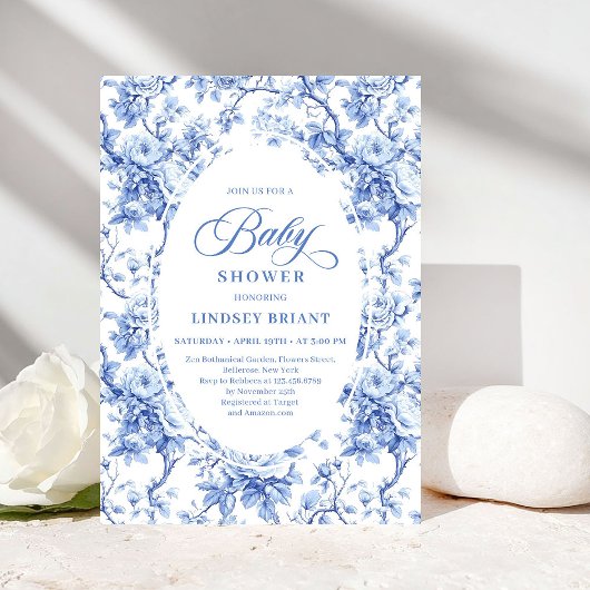 Chic Royal Blue Toile de Jouy Baby Shower Invite Kaart
